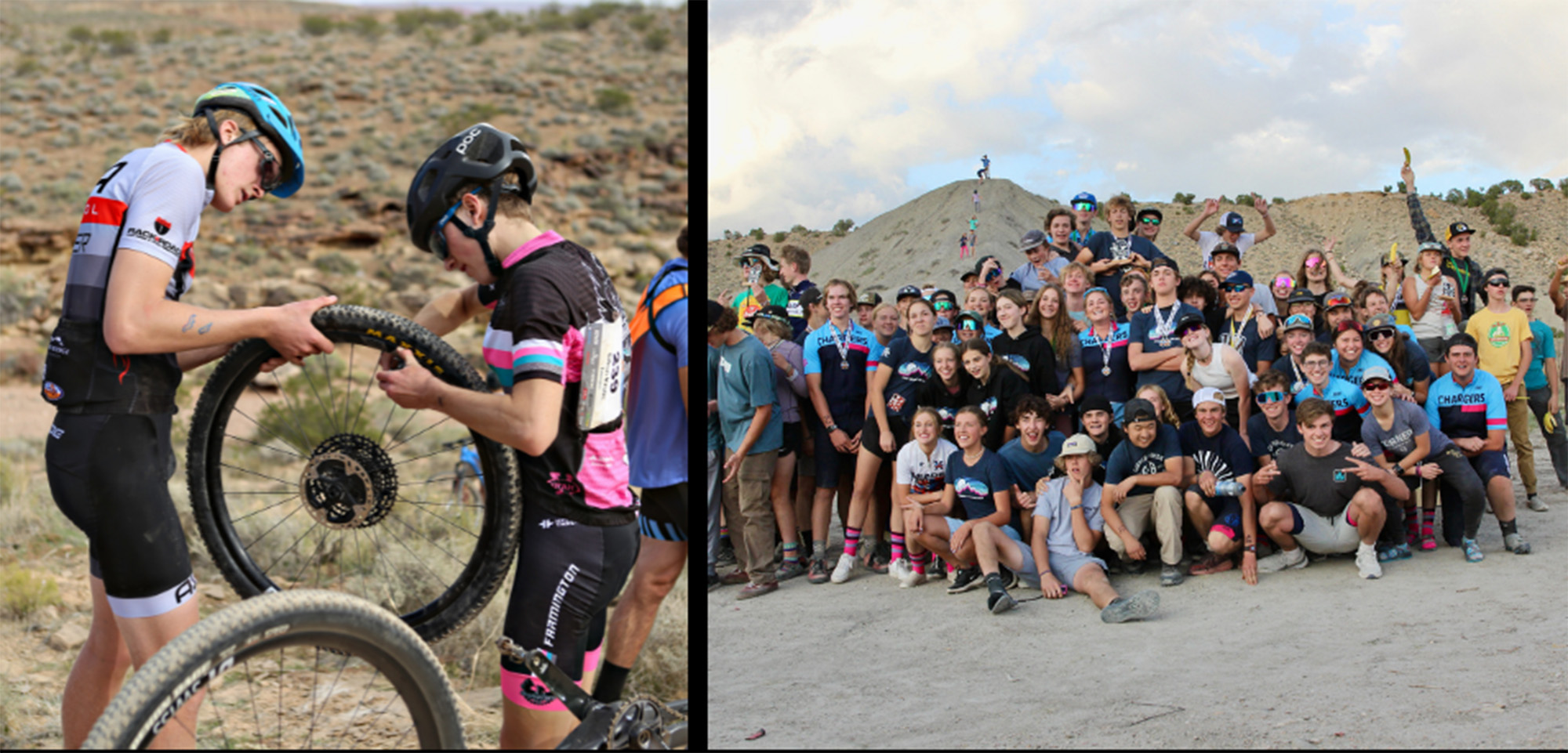 nica team celebrating and riders helping fix flat tires