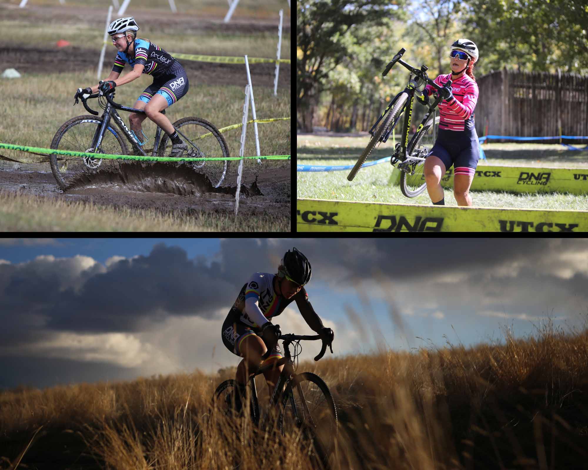 collage of racers in dna cycling skinsuits