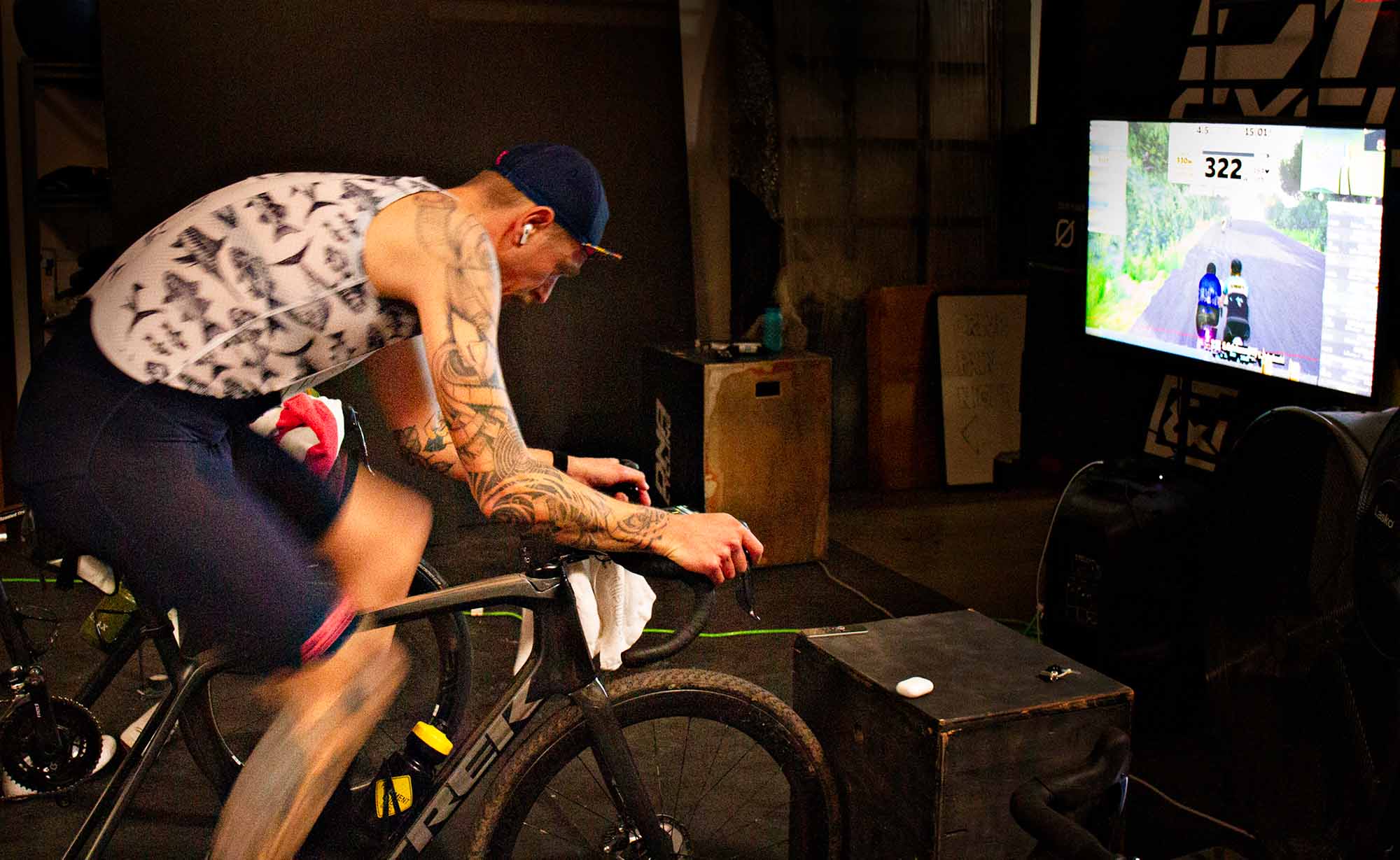 indoor cyclist wearing dna cycling clothing.
