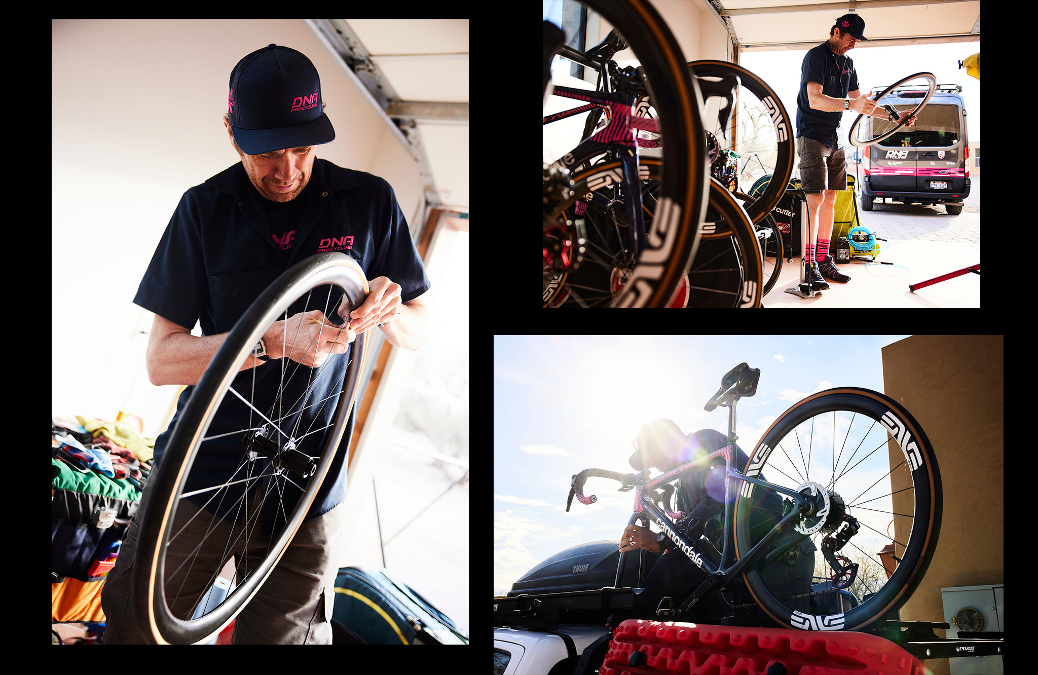 person fixing bike tires